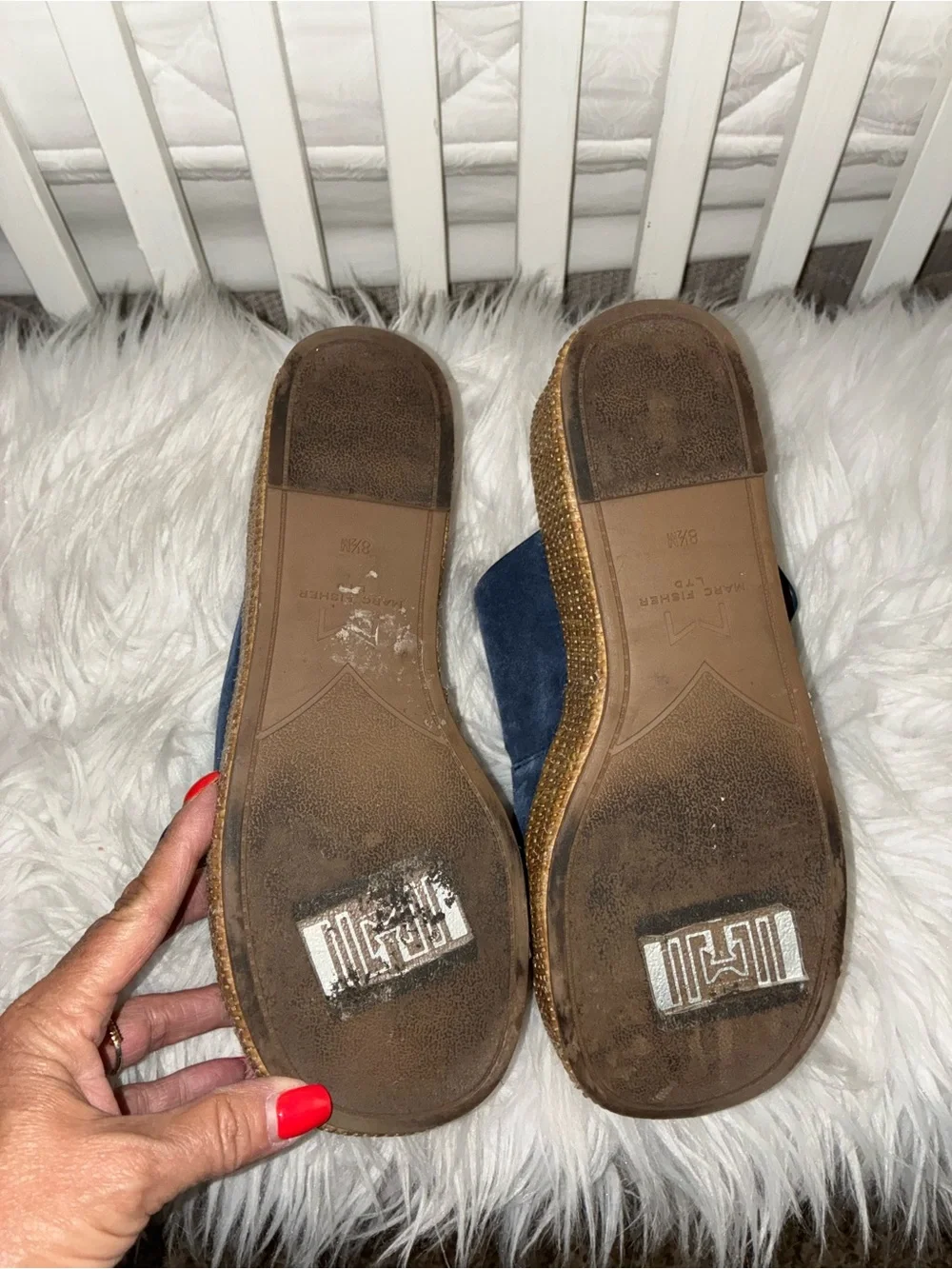 Like New Marc Fisher Navy Suede Wedge Slide Sandals with Buckles Sz 8.5 M